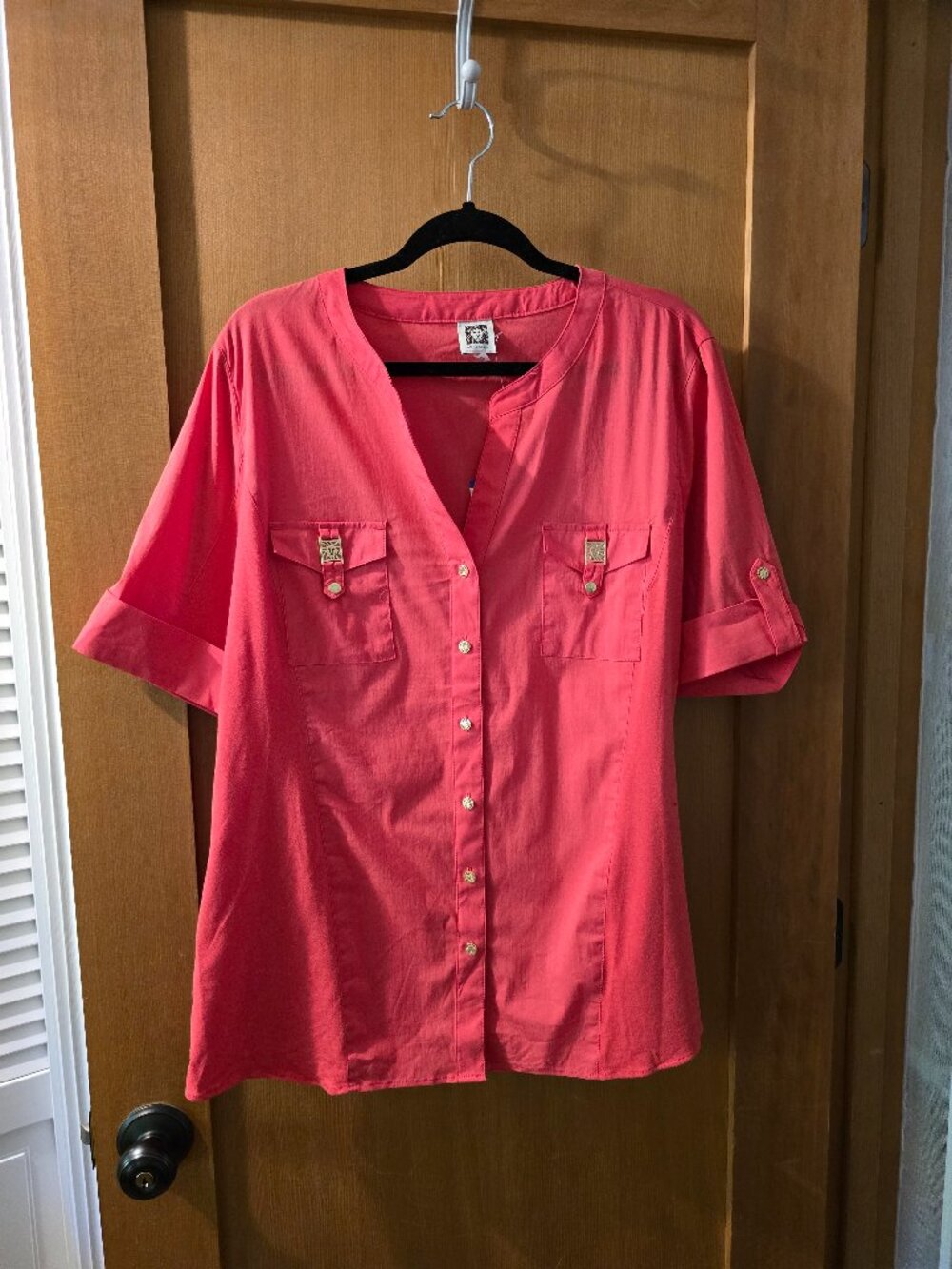 Anne Klein Coral Pink Utility Button Up Blouse
